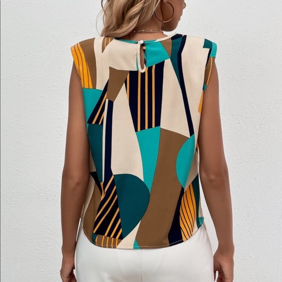 Abstract Color Block Padded Shoulder Tank Top Sleeveless Blouse - Picture 2 of 4